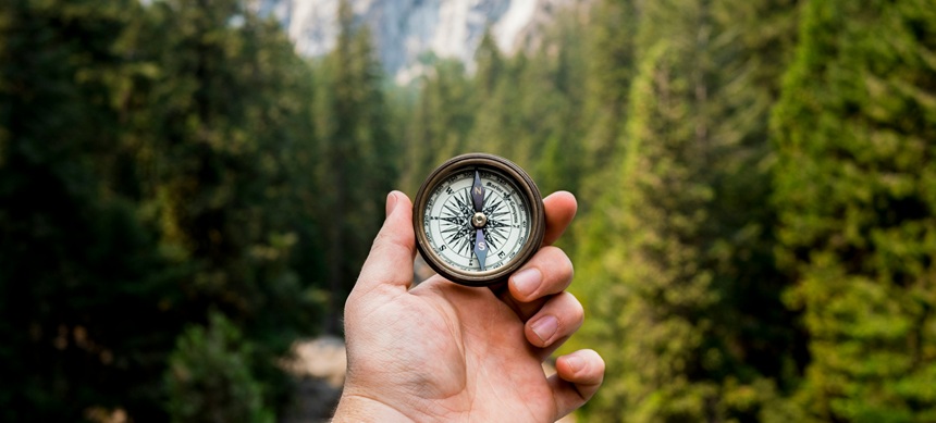 A hand holding a compass in the middle of nature
