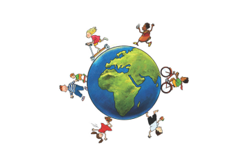 Kindermeilen-Kampagne Logo mit Weltkugel und Kinderfiguren