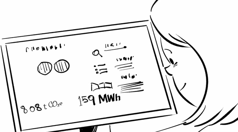 Comic-Darstellung einer Frau vor einem PC mit Grafiken